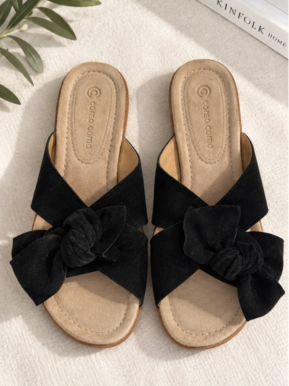 Corso Como - Black Suede Oversized Bow Slide Sandals - Size US 7.5